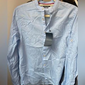 Men Slim Fit Long Sleeve Linen Button Down Granddad Collar Collarless Light Blue